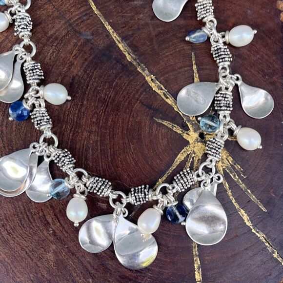 Michael Dawkins Sterling Silver Pearl Blue Bead Caviar Dangle Toggle Necklace - Picture 12 of 13